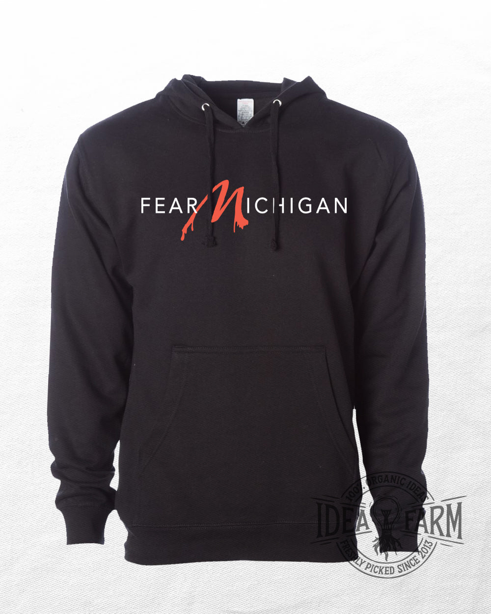 Black hoodie with 'FEAR MICHIGAN' text and logo on a white background