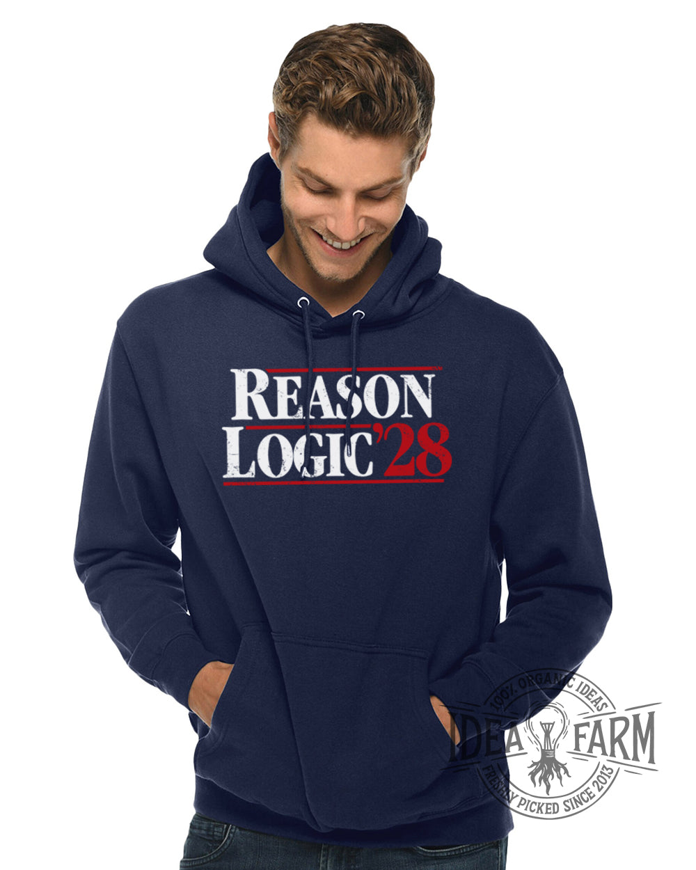 Man wearing a navy hoodie with 'REASON LOGIC 28' text, standing against a white background.