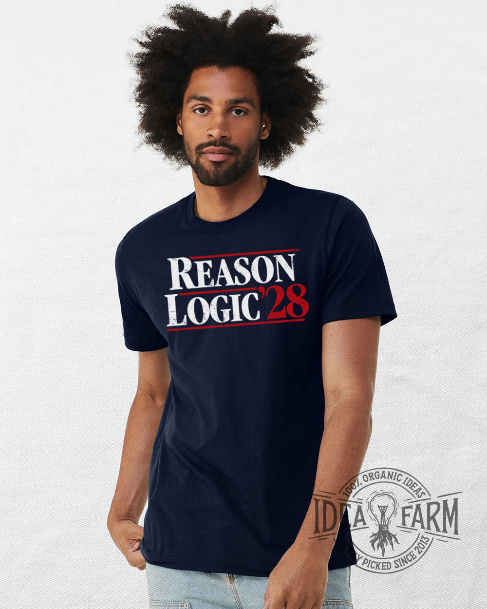 Man wearing a navy blue t-shirt with 'REASON LOGIC 28' text on a white background