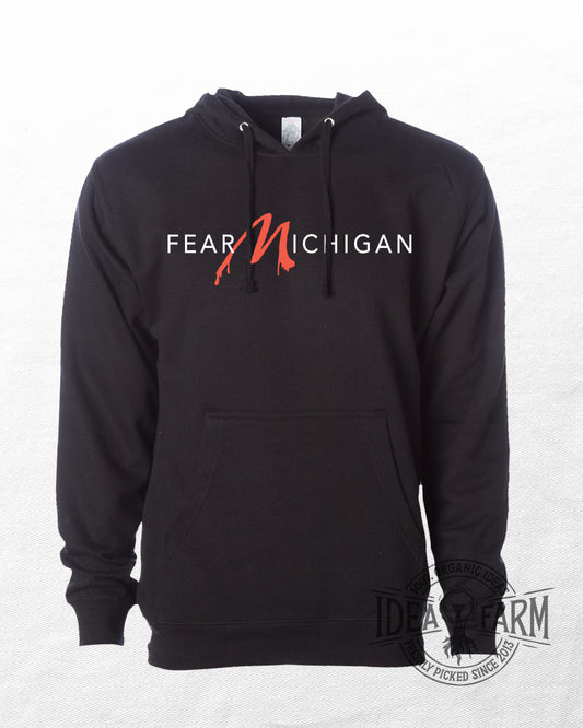 Black hoodie with 'FEAR MICHIGAN' text and logo on a white background