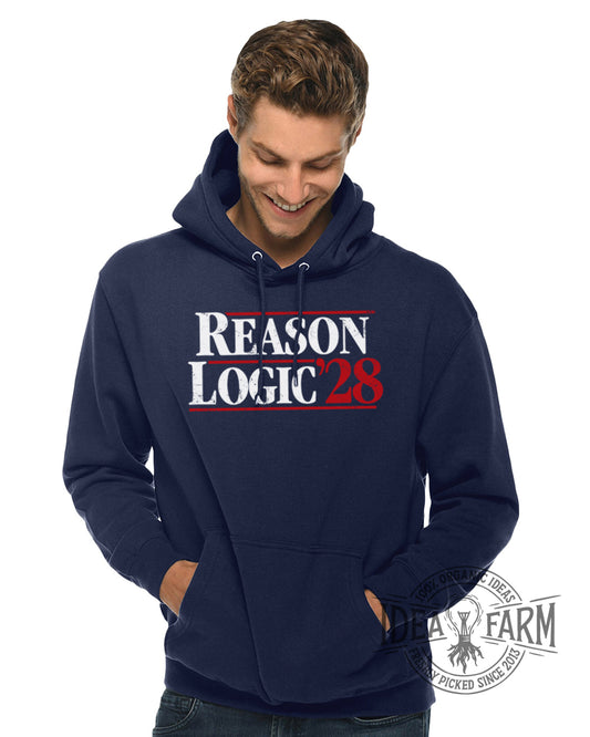 Man wearing a navy hoodie with 'REASON LOGIC 28' text, standing against a white background.