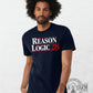 Man wearing a navy blue t-shirt with 'REASON LOGIC 28' text on a white background